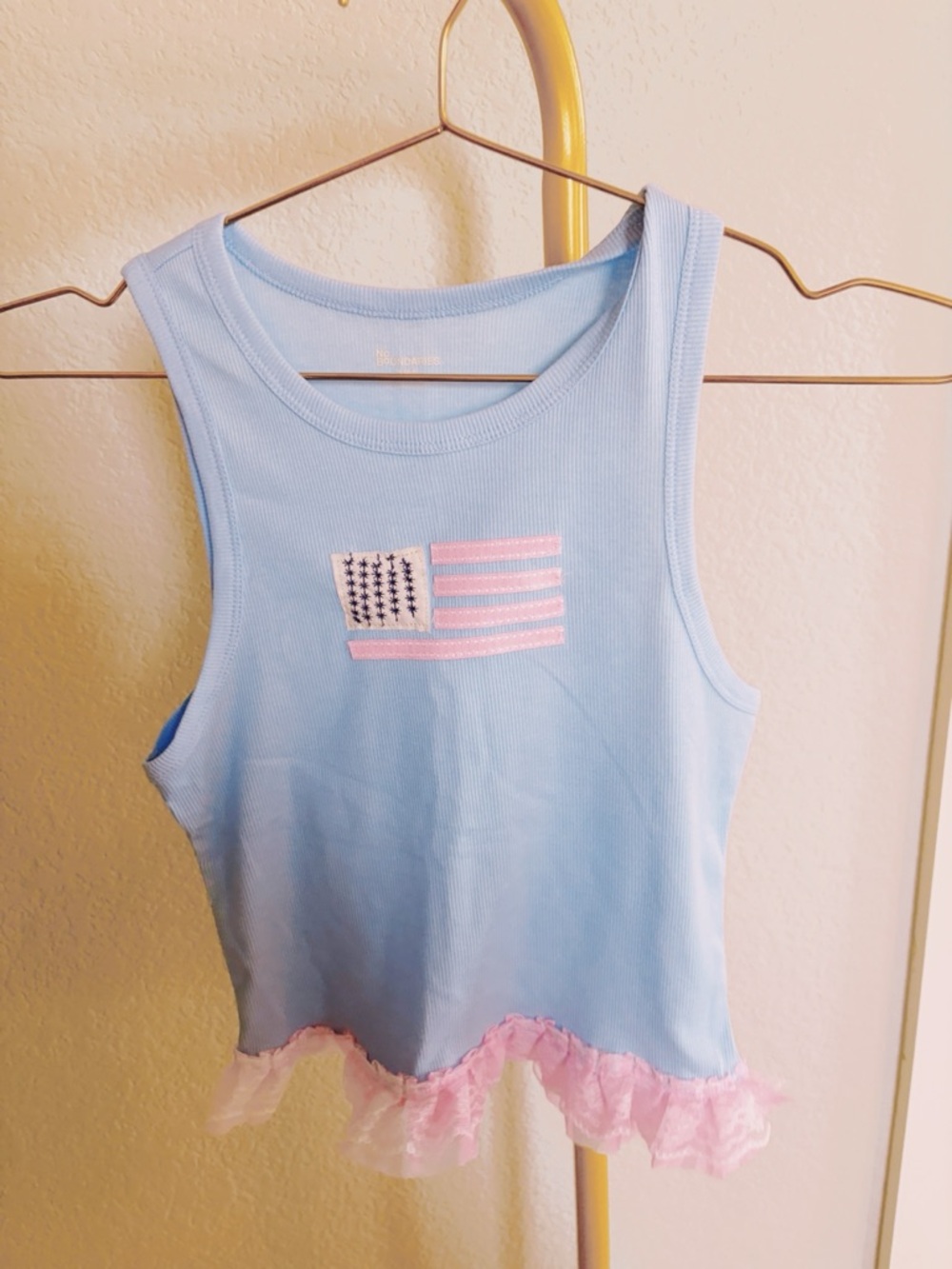 Light Blue Tank Top with Pink Trim - Cute Flag Design